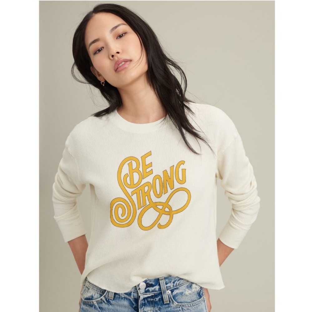 Anthropologie Cream 'Be Strong' Cropped Long Sleeve Tee Shirt Top Western Retro